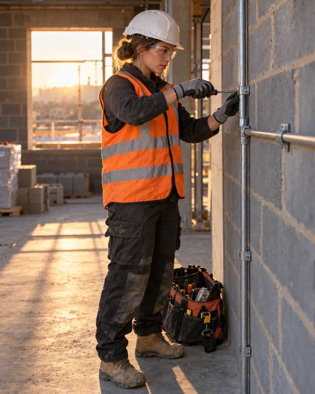 Electrician fitting electrical conduit on a building site