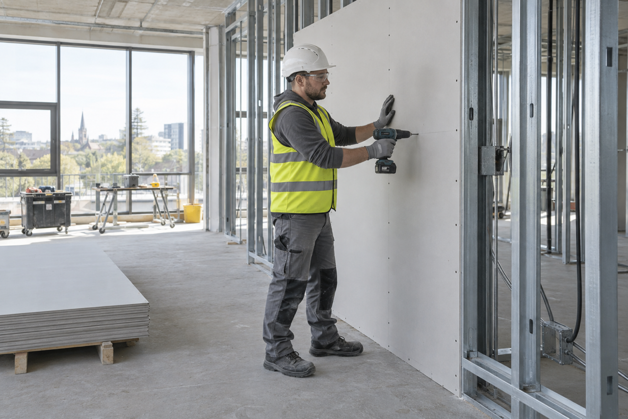 Worker screwing plasterboard to a steel stud partition inside a commercial office being fitted out
