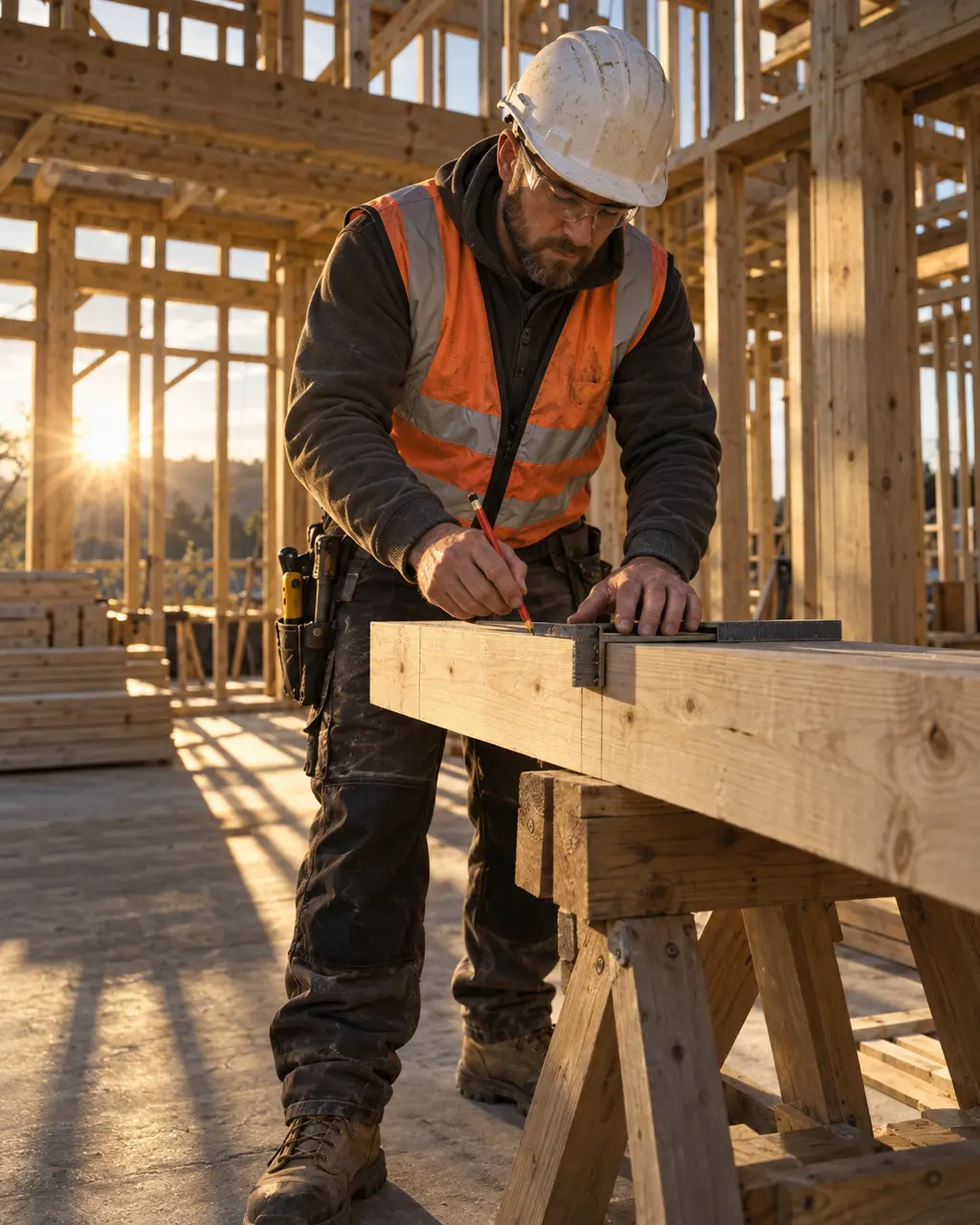 Carpenter working with timber on site